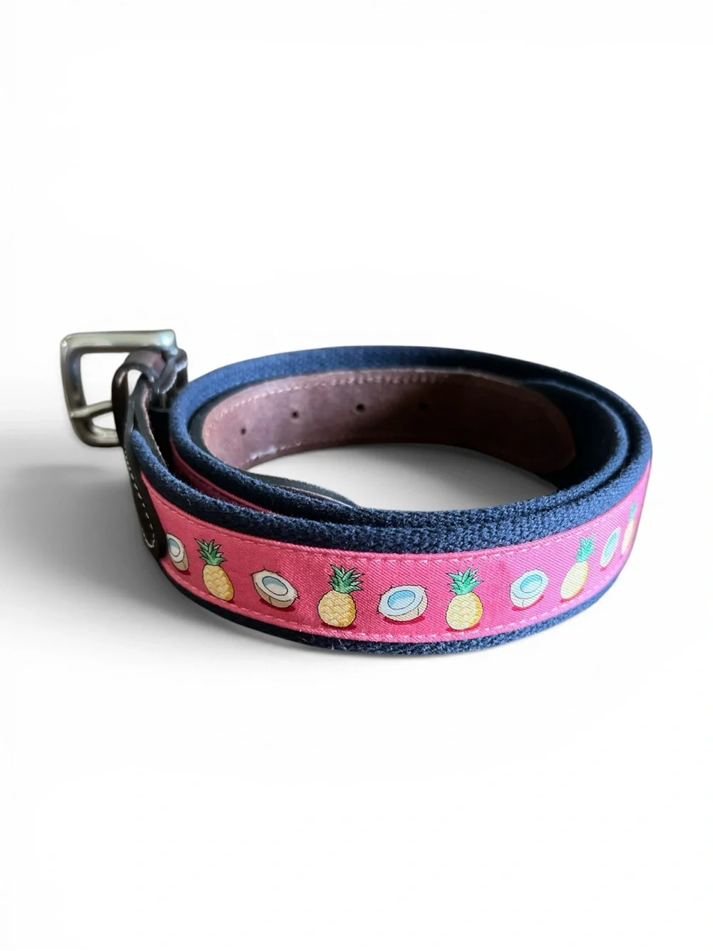Vineyard Vines Men’s Size 34 Canvas Club Belt Pink Pineapple Coconut Navy Blue